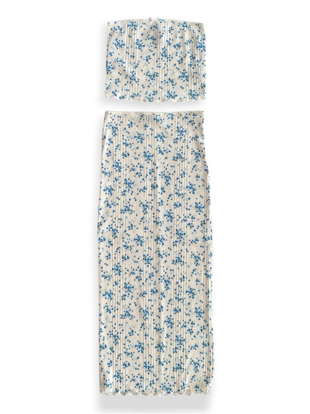 Forever 21 White & Blue Floral Ribbed Tube Top & Maxi Skirt Set Women's Size XS